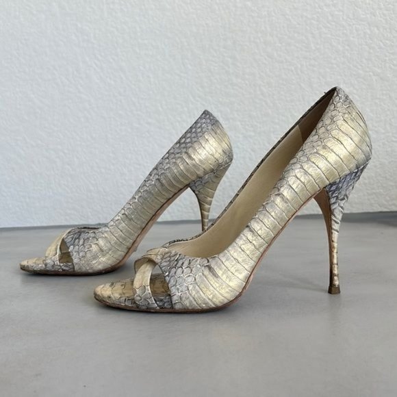 Miu Miu Python Snakeskin Cross Strap Peep Toe Stiletto Heels Pumps